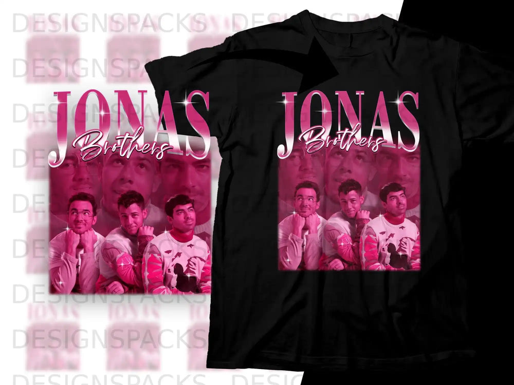 Jonas Brothers in pink suits on a black t-shirt.