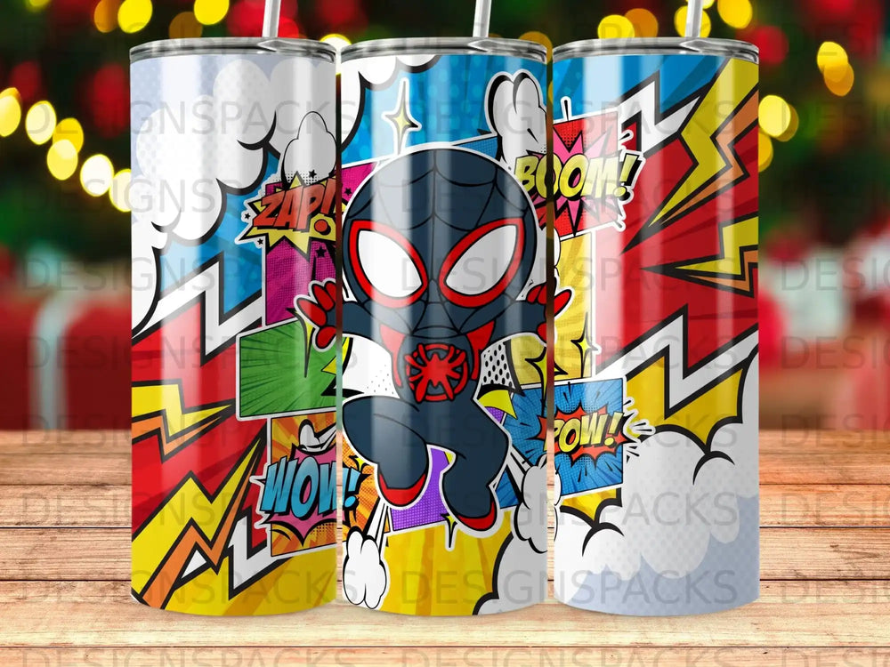 Miles Morales as Spider-Man in comic book style, with "Boom!" and "Pow!" text.