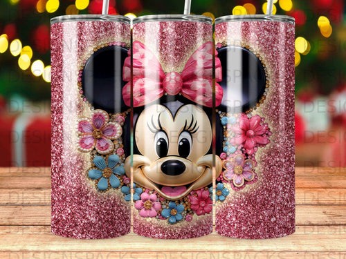 Minnie Mouse with pink bow and floral accents on a glitter tumbler.