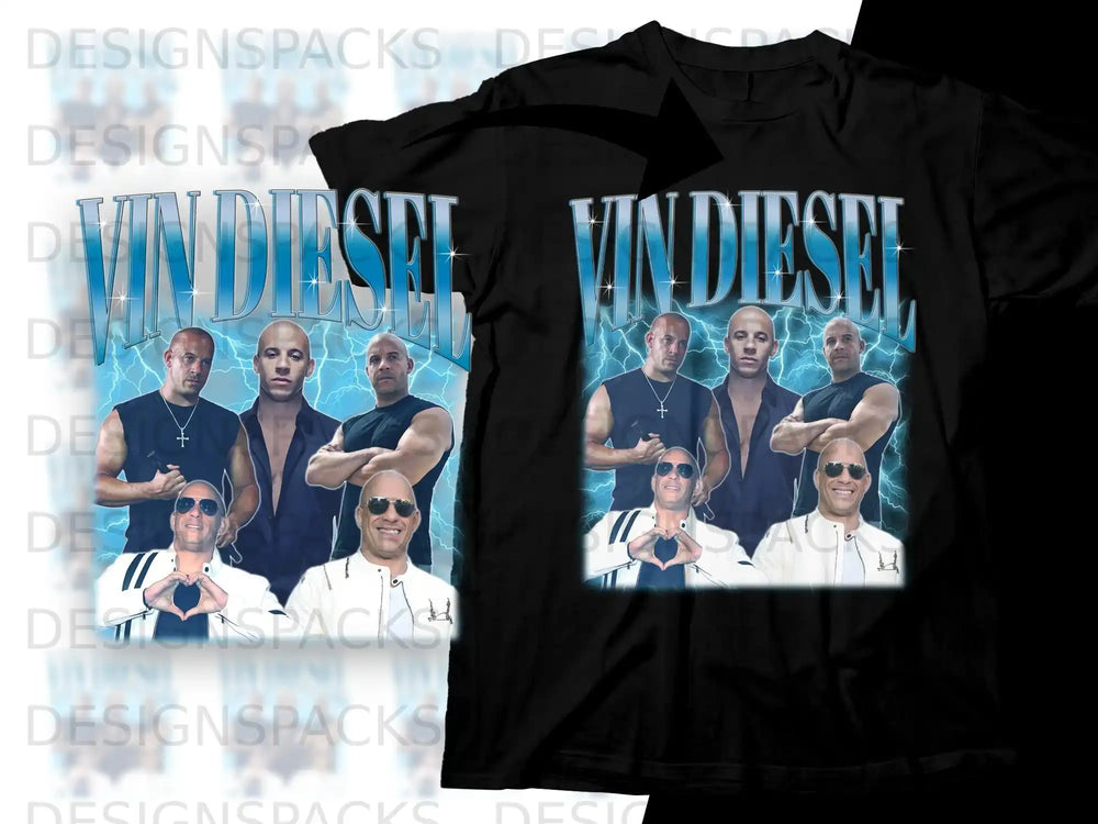 Vin Diesel in white shirt and jacket with castmates, Vin Diesel logo.