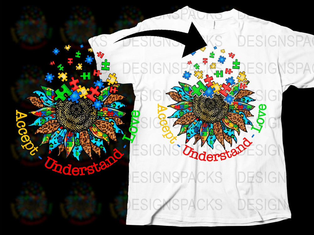 Colorful Puzzle Piece Sunflower T-Shirt, Autism Awareness Accept Understand Graphic Tee