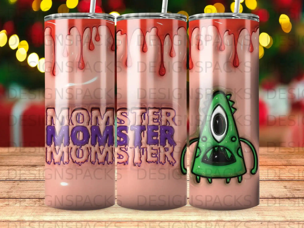 Pink tumbler with "MOMSTER" repeated and a green monster illustration.