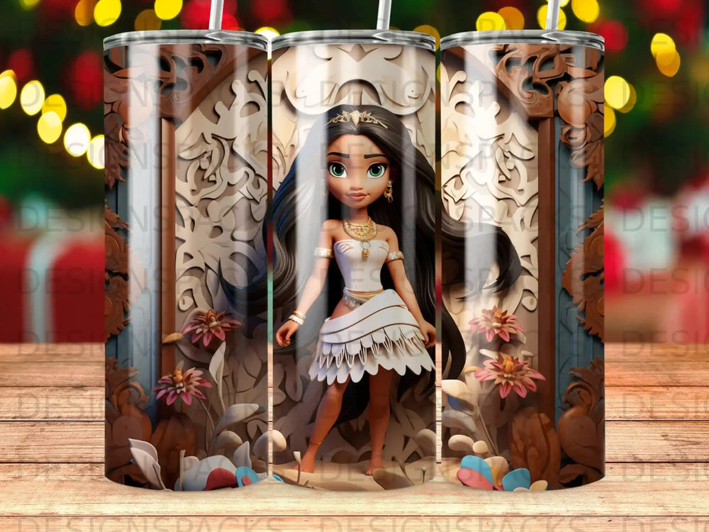 Moana with floral and wood textures on a tumbler.