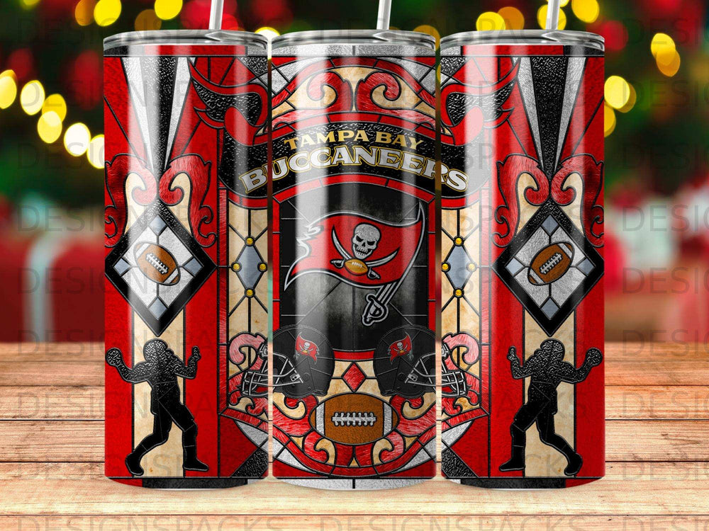 Tampa Bay Buccaneers logo and football player silhouette on stained glass pattern tumbler.