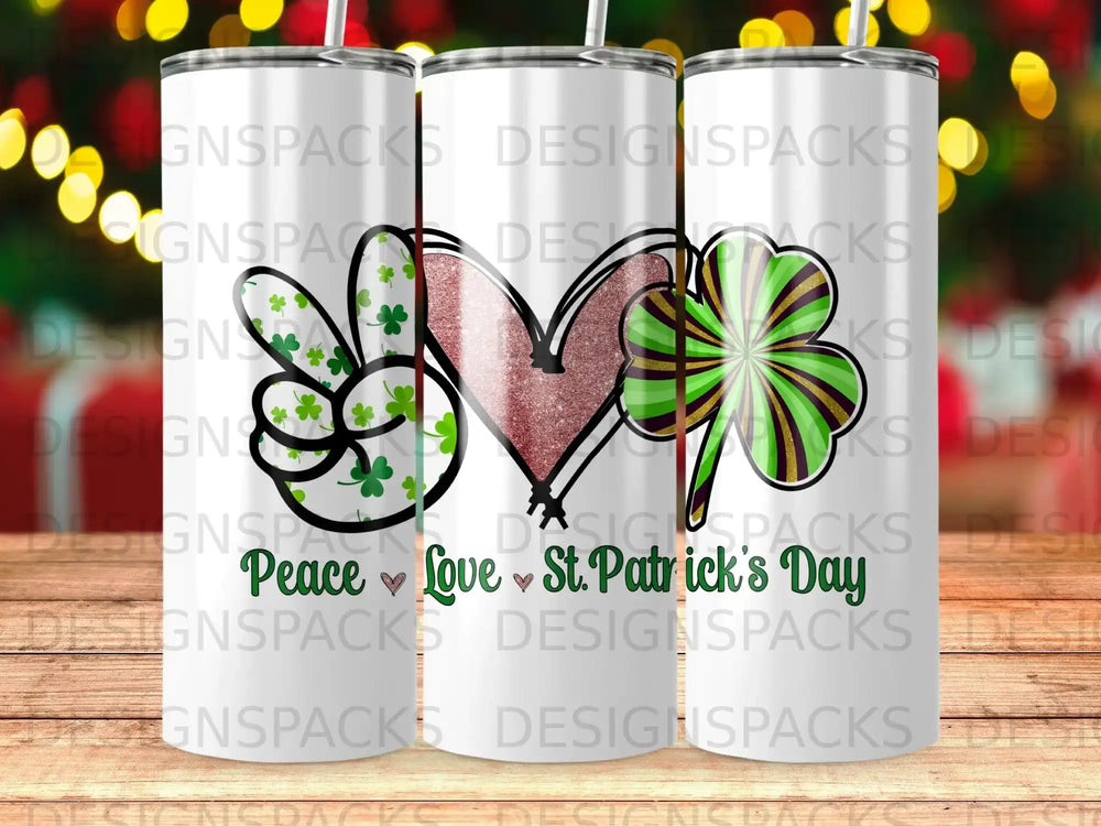 Tumbler with shamrocks, peace sign, and St. Patrick's Day text.
