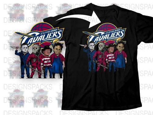 Cleveland Cavaliers Horror Movie Characters T-Shirt, Unique Basketball Fan Apparel, Movie-Themed Sports Merchandise