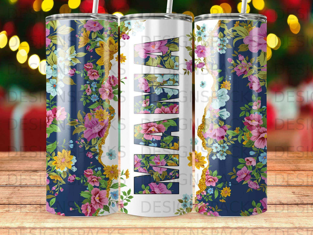 Floral Mama tumbler with gold accents on a dark blue background.