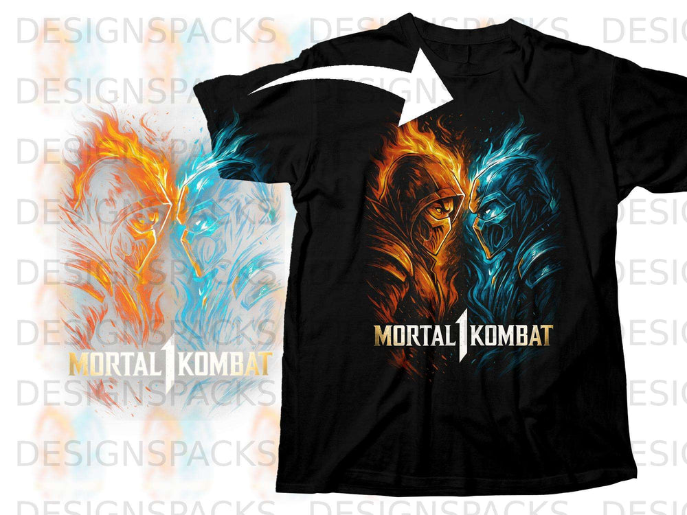 Black t-shirt with Mortal Kombat 1 logo and fiery figures.