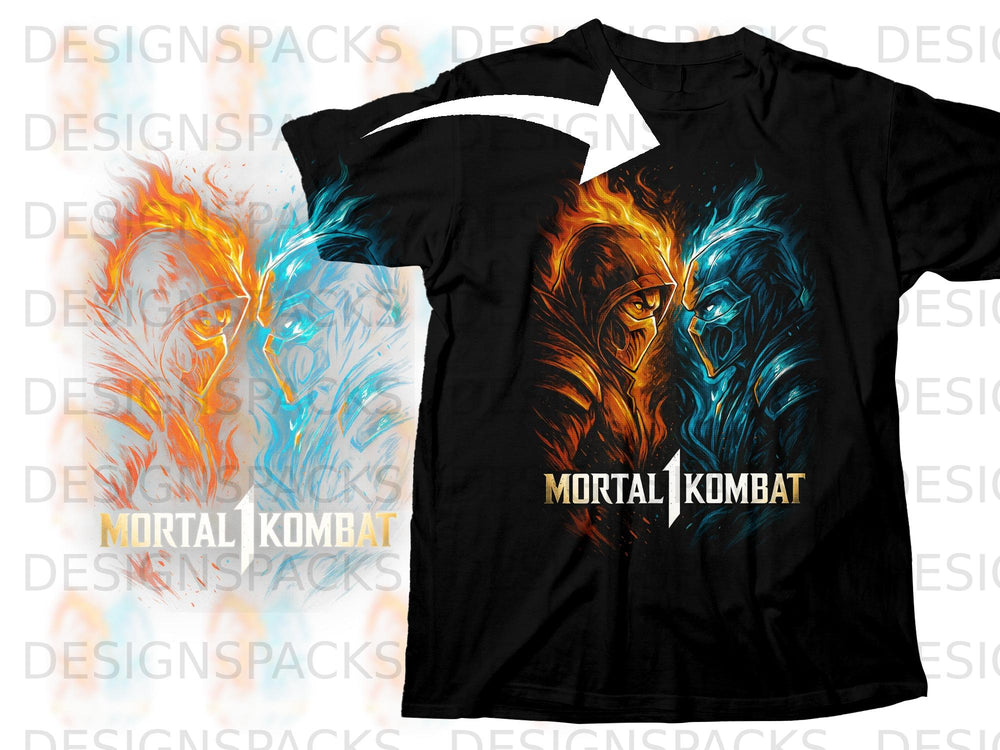 Black t-shirt with Mortal Kombat 1 logo and fiery figures.