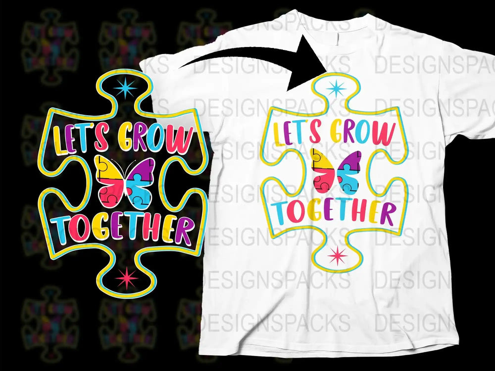 Colorful Puzzle Piece T-Shirt 'Let's Grow Together' Couple's Matching Tee