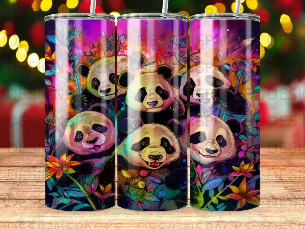 Several cute pandas with flowers and colorful foliage.
