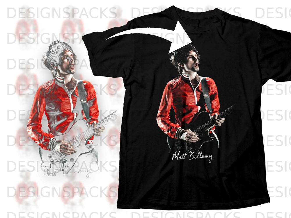 Black t-shirt with a graphic of Matt Bellamy playing a guitar.