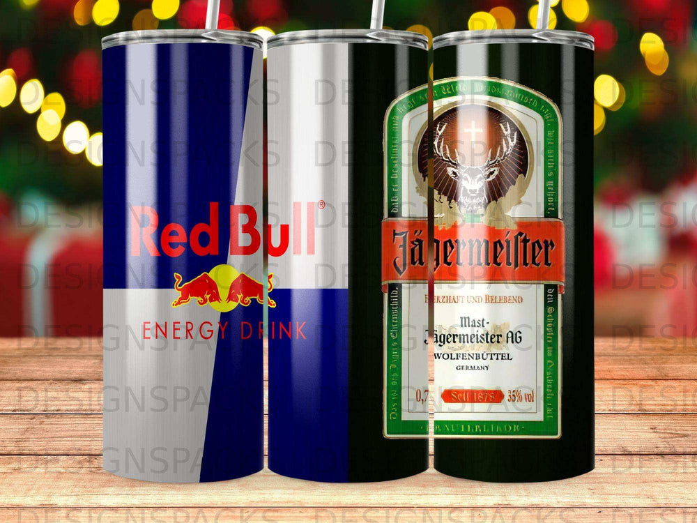 Red Bull Energy Drink and Jägermeister bottles side by side.
