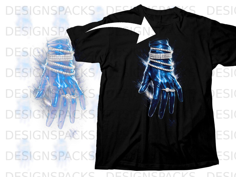 Black t-shirt with a blue gloved hand wearing diamond bracelets and rings.