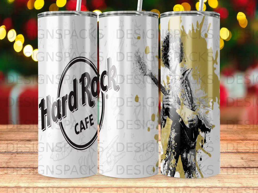 Hard Rock Cafe tumbler with a black and gold Jimi Hendrix graphic.