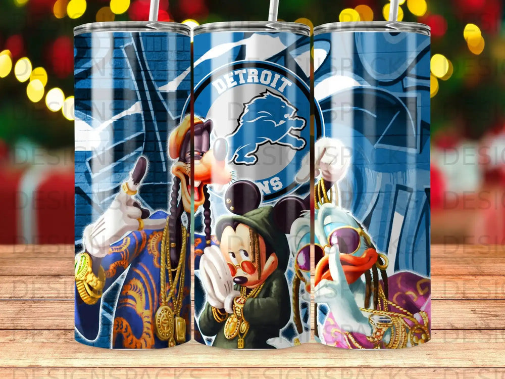 Mickey and Donald characters wearing Detroit Lions jerseys and gold chains.