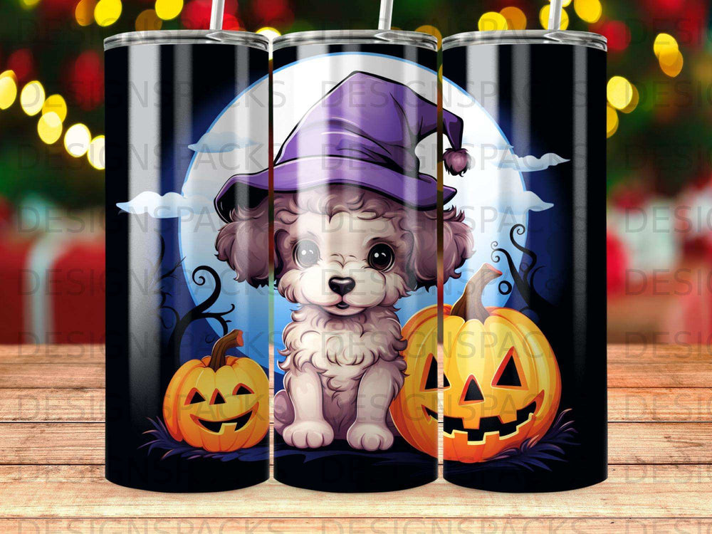 Halloween dog in purple witch hat with jack-o'-lanterns.