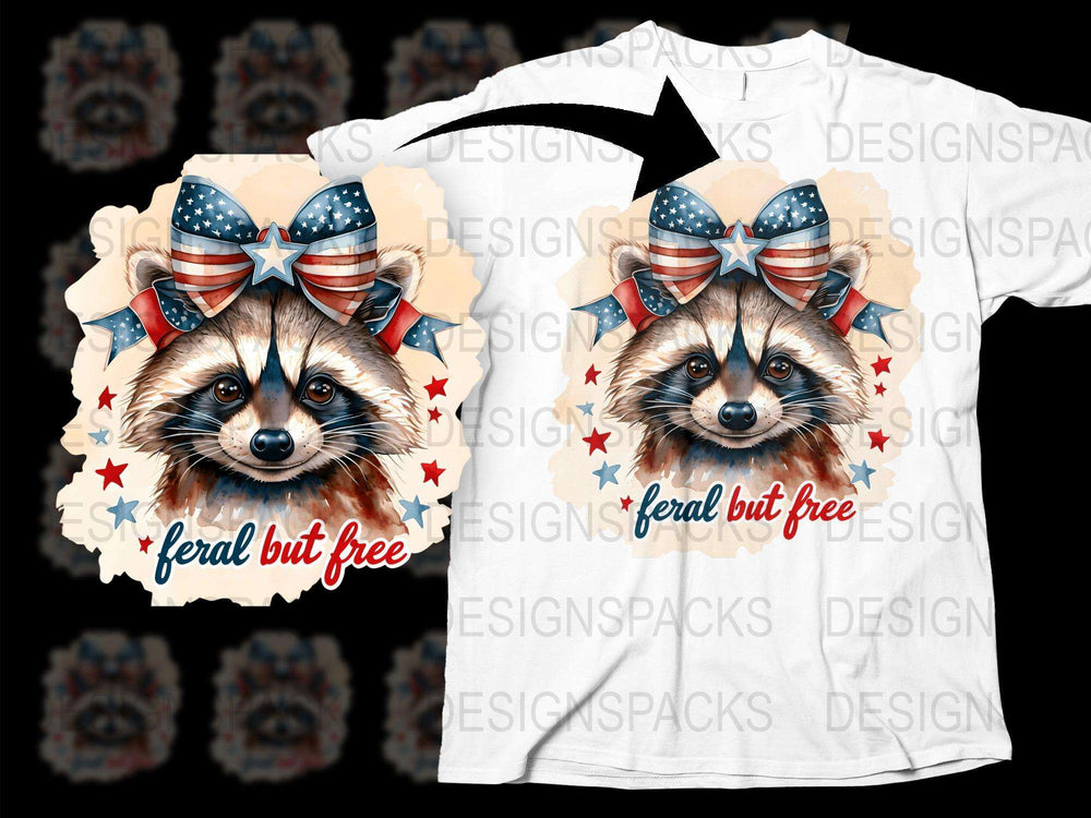 Patriotic Raccoon T-Shirt, Feral But Free Graphic Tee, American Flag Bow, 4th of July Top, Stars Design Shirt