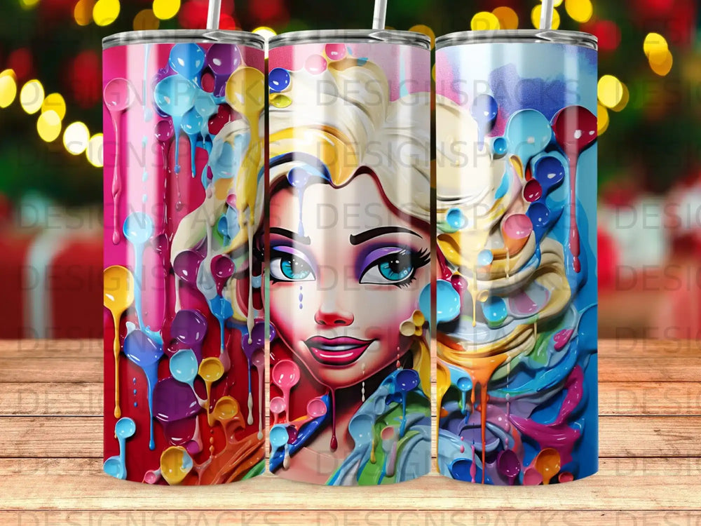 Woman's face with colorful drips and paint splashes on a tumbler.