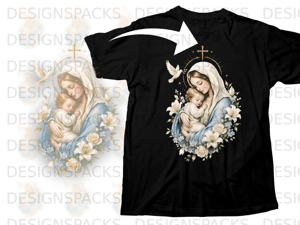 Black t-shirt with religious design of Mary holding baby Jesus, doves, lilies, and a cross.