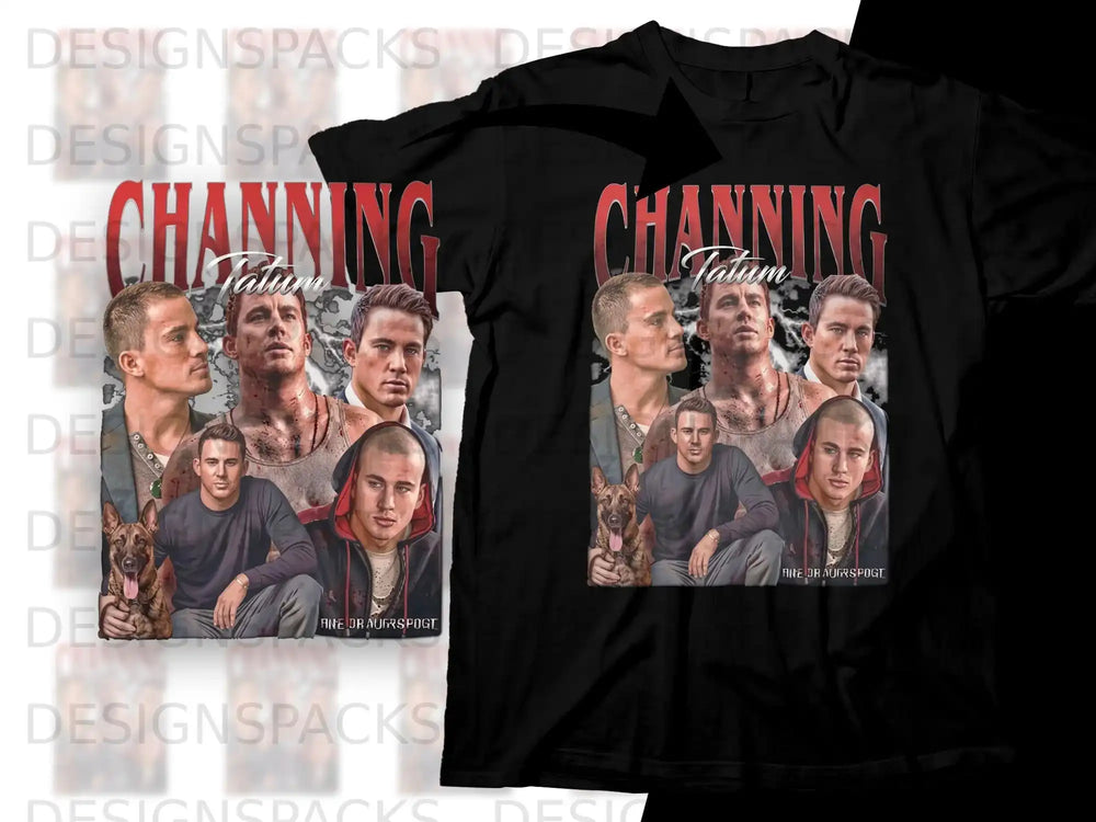 Channing Tatum collage on black t-shirt, text reads "Channing Tatum".