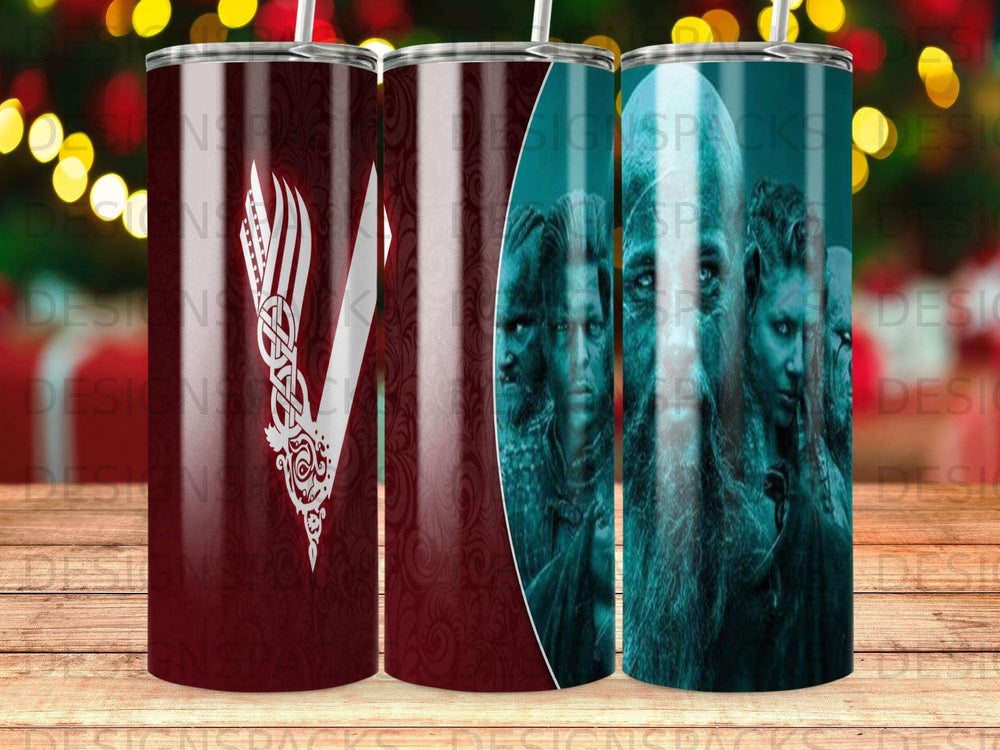 Viking-themed tumbler with a white Viking symbol and a distressed portrait of warriors.