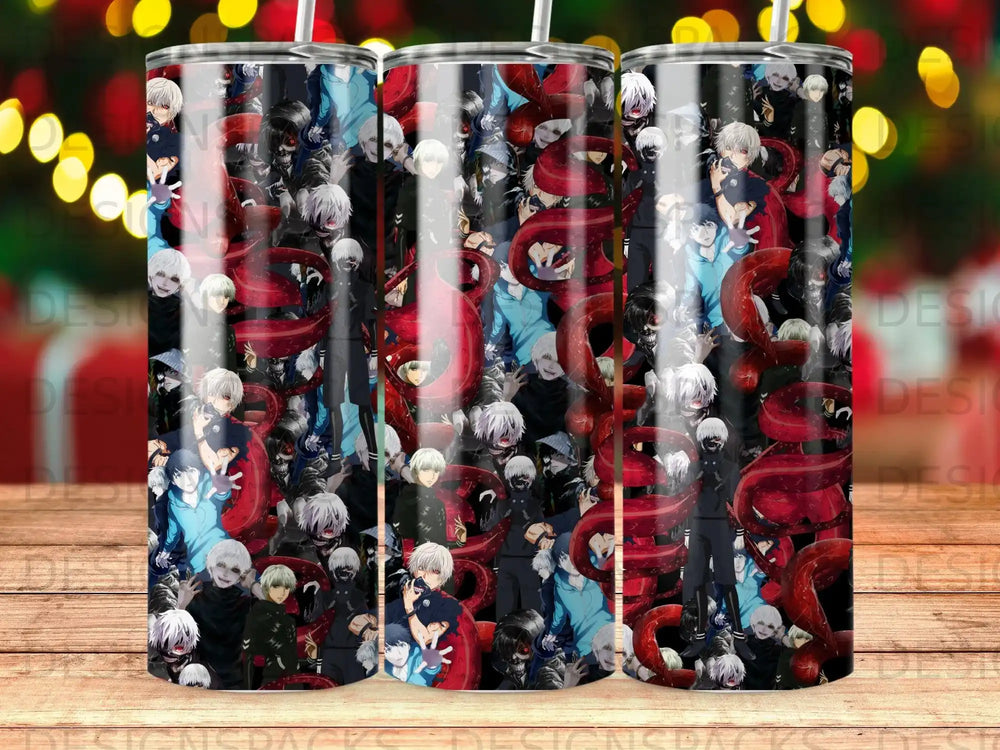 Anime characters with white hair and red tentacles on a tumbler.
