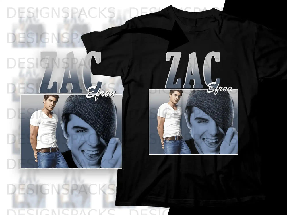 Zac Efron on black t-shirt with "ZAC" graphic.