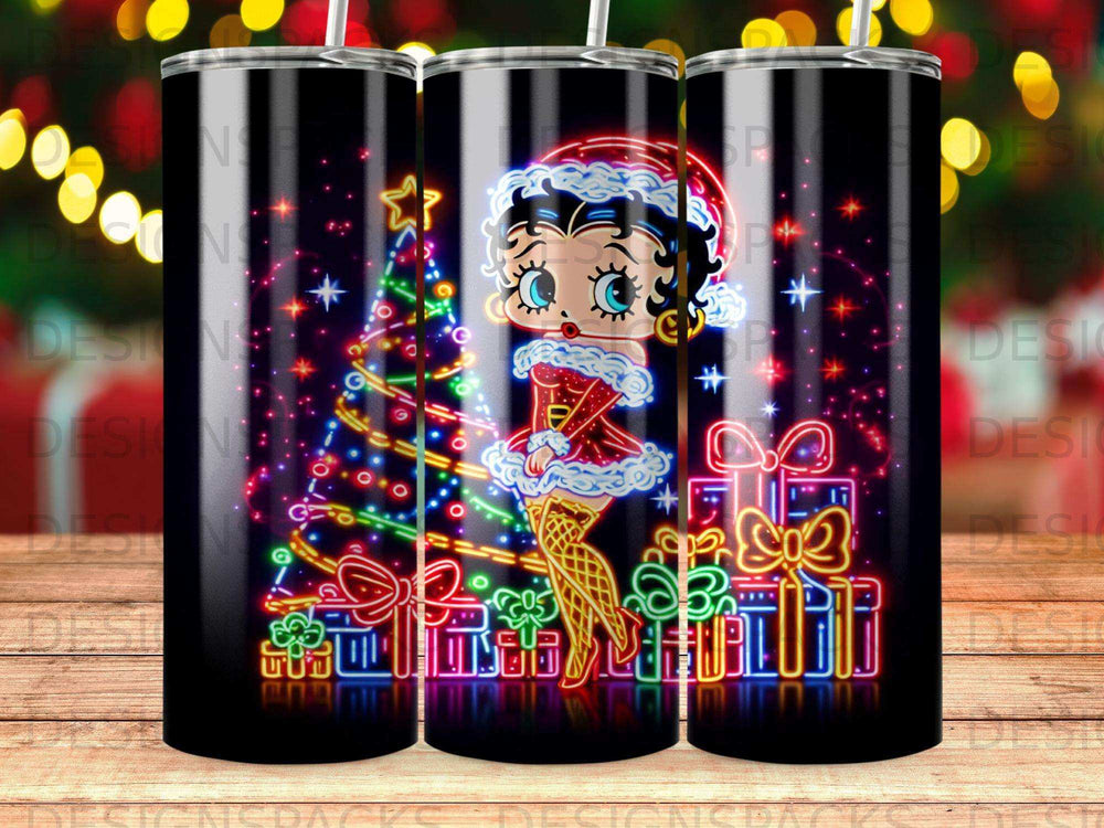 Betty Boop in a Santa outfit with Christmas tree and gifts.