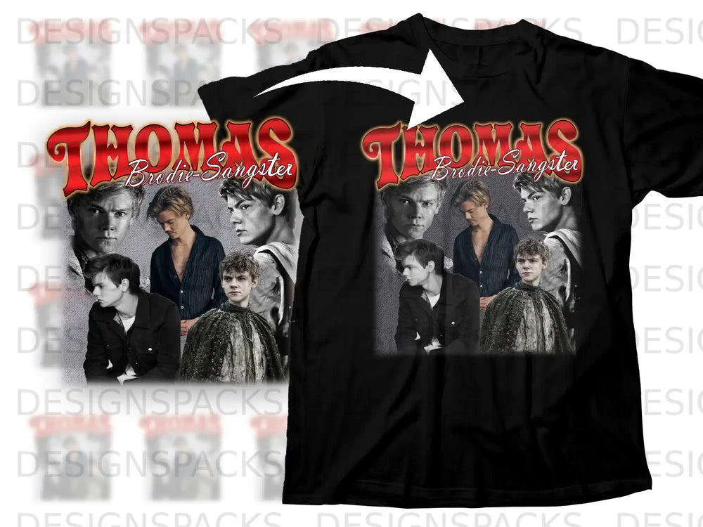 Black t-shirt featuring a collage of Thomas Brodie-Sangster portraits.