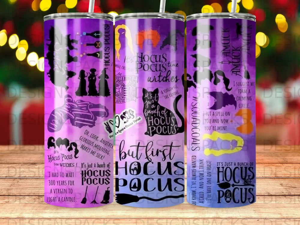Three Hocus Pocus themed tumblers with witch and spell quotes.