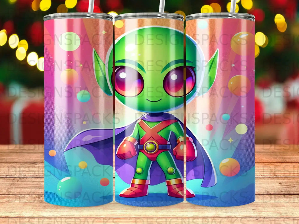 Martian Manhunter character on a colorful, cylindrical tumbler design.