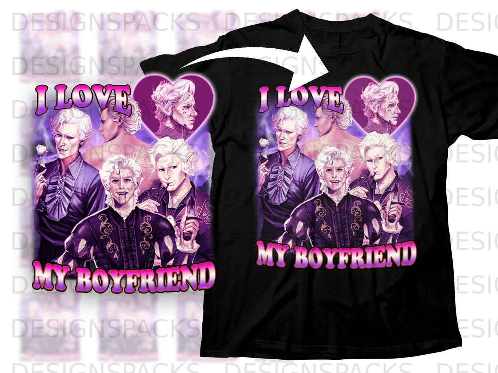Black t-shirt featuring artwork with text "I LOVE MY BOYFRIEND" and various elf-like figures.