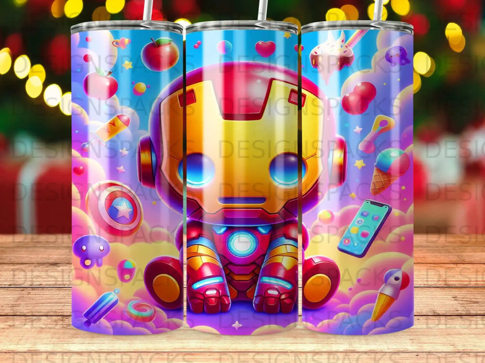 Cute cartoon Iron Man character on a colorful tumbler with sprinkles and ice cream.