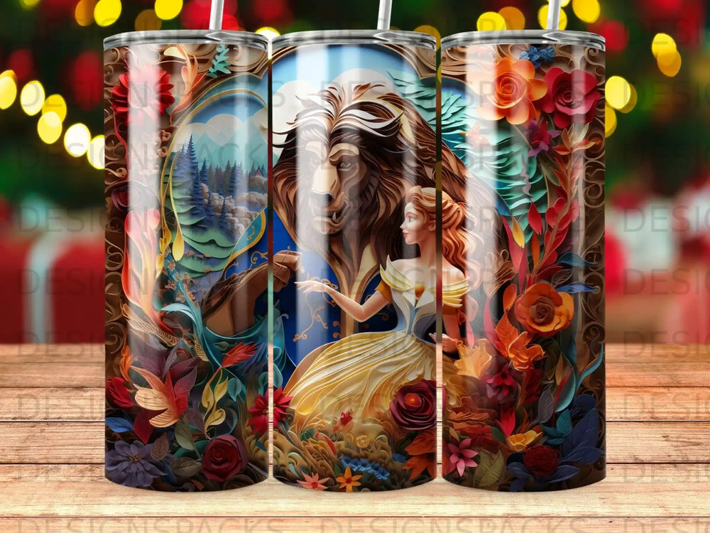 Beauty and the Beast illustration on a stainless steel tumbler with floral accents.