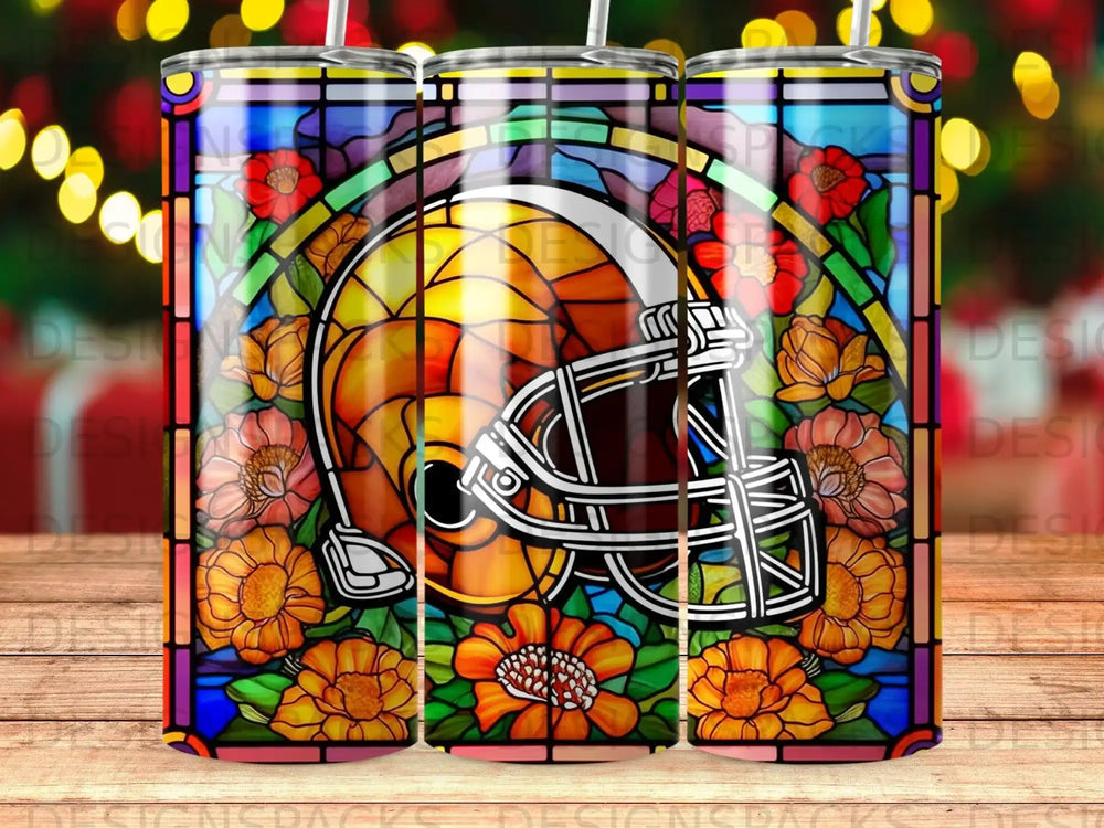 Stained glass pattern featuring a football helmet and floral accents.
