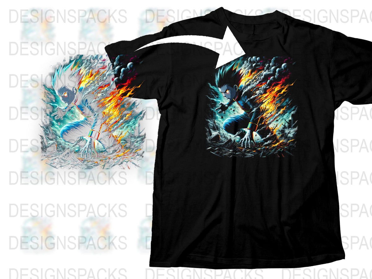 Men's Graphic Tee Black T-Shirt with Blue Fire Dragon Design, Casual Fantasy Wear