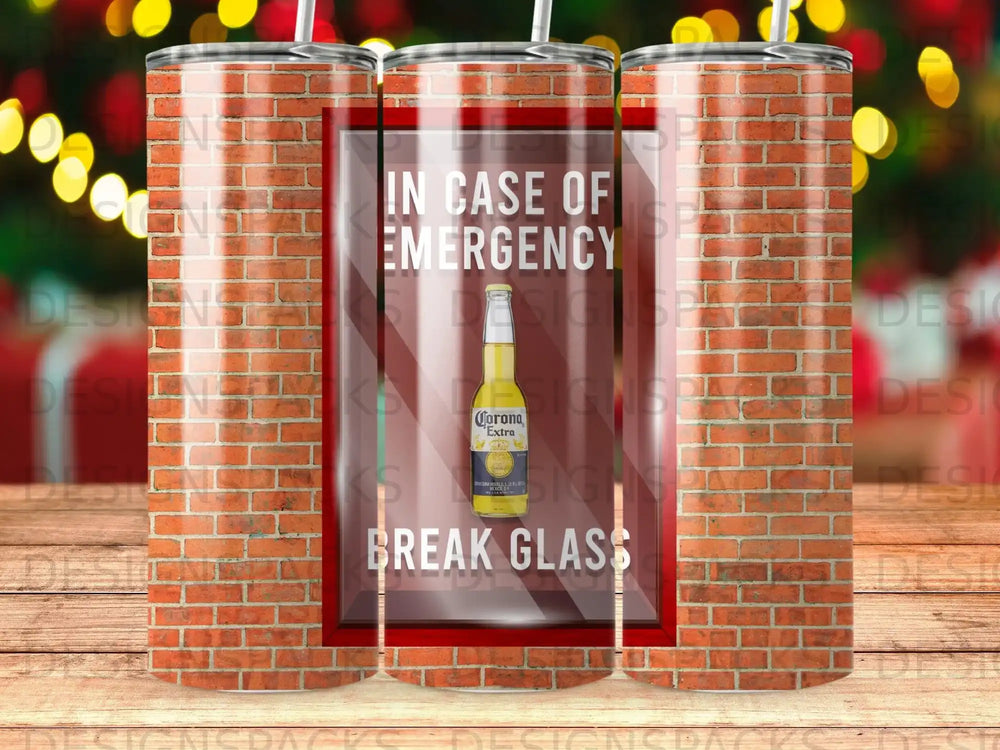 Corona Extra bottle behind glass reading "In Case of Emergency Break Glass."