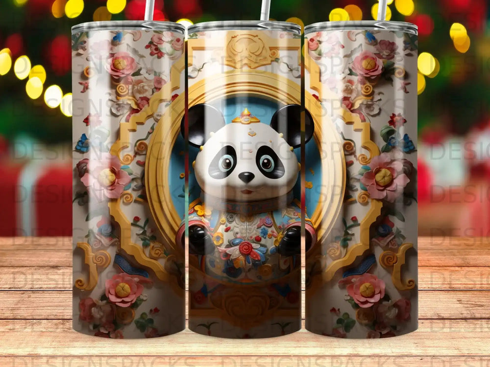 Panda wearing traditional Chinese clothing in a circular frame with floral accents.