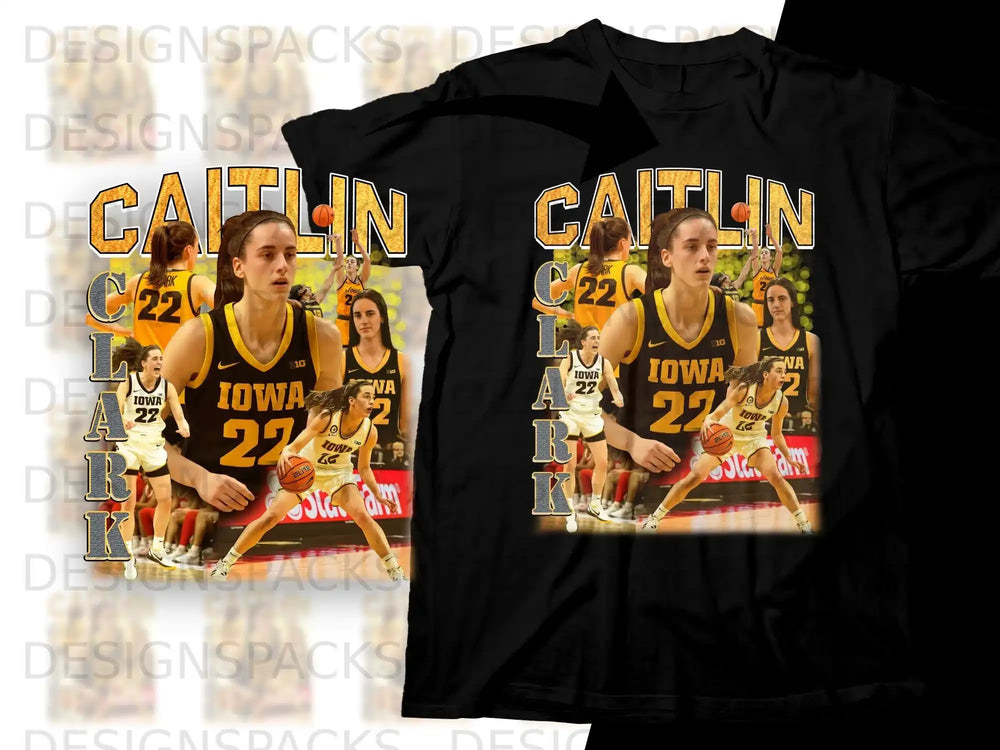 Iowa basketball player Caitlin Clark graphic on a black t-shirt.
