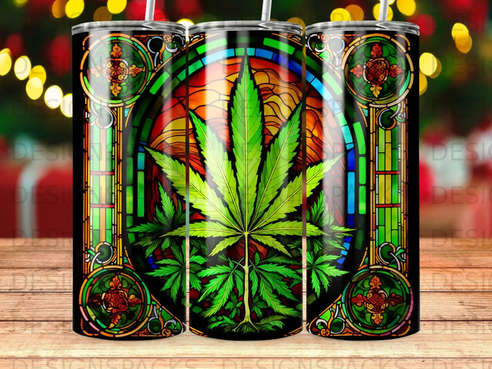 Stained glass pattern featuring a large green marijuana leaf on a tumbler.
