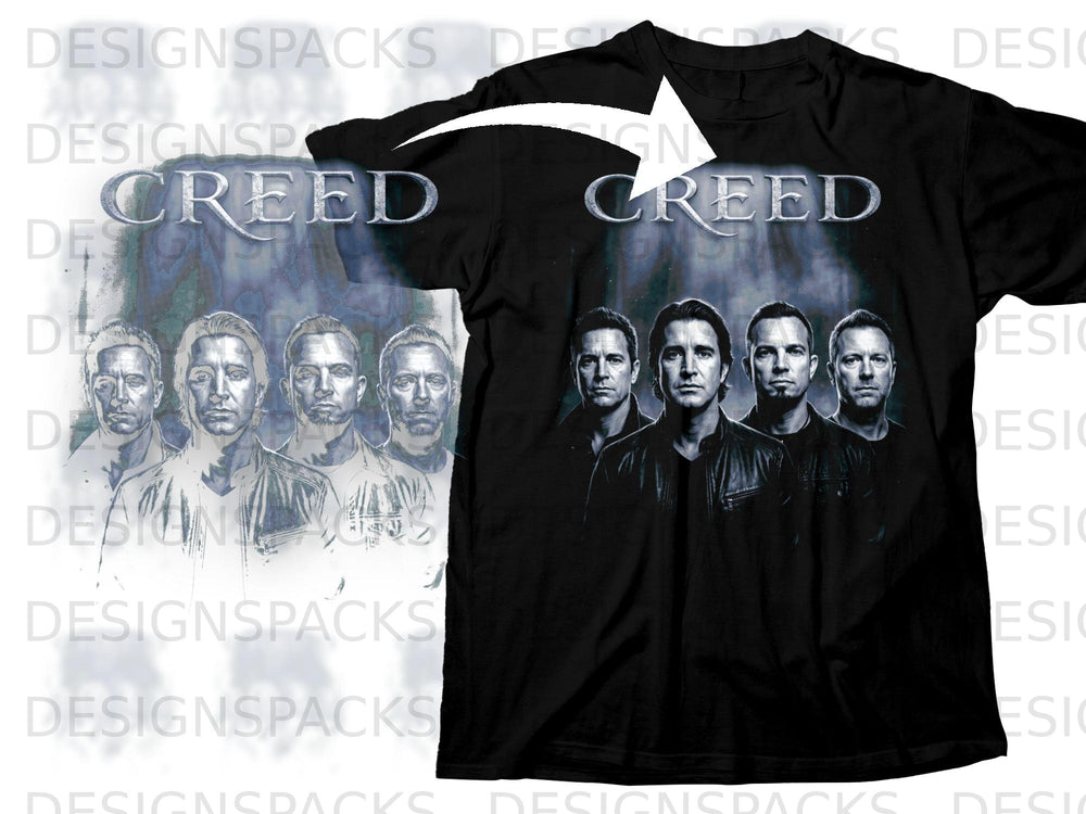 Black t-shirt with the band Creed's logo and five band members' portraits.