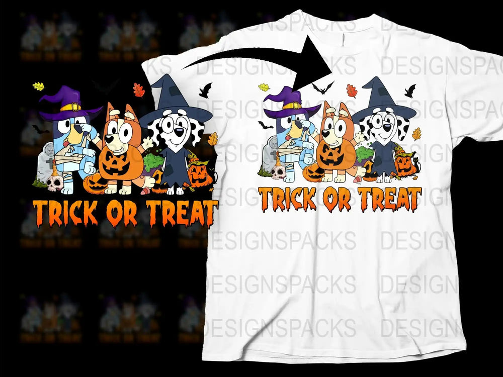 Kids Halloween T-Shirt, Cute Cartoon Witch and Ghosts, Trick or Treat, Festive Holiday Apparel for Children