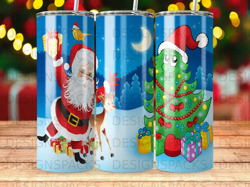 Santa Claus and reindeer with Christmas tree, gifts, and festive background.