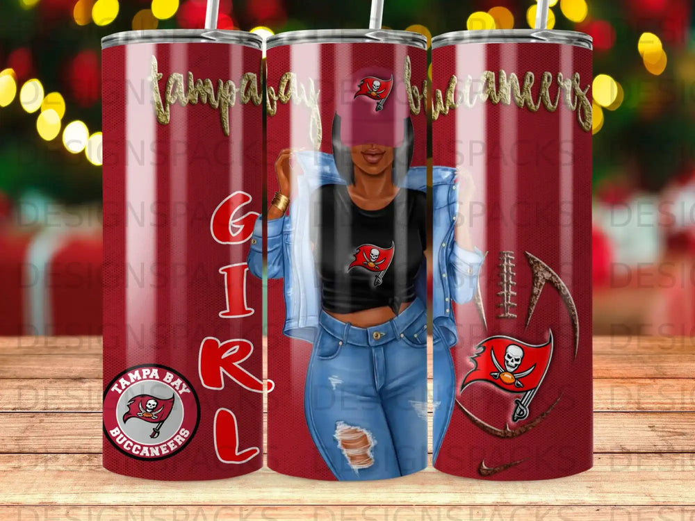 Tampa Bay Buccaneers girl with team logo on a red striped tumbler.