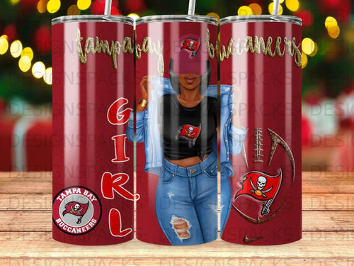 Tampa Bay Buccaneers girl with team logo on a red striped tumbler.