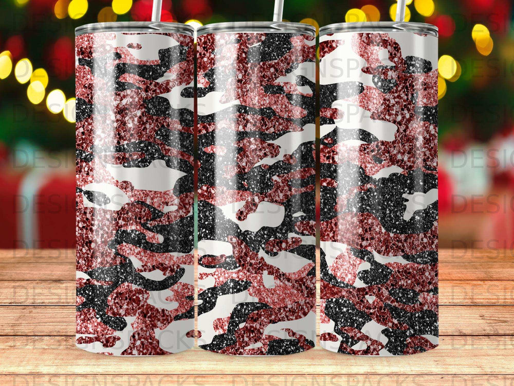 Camouflage tumbler with red, black, and white glitter pattern.