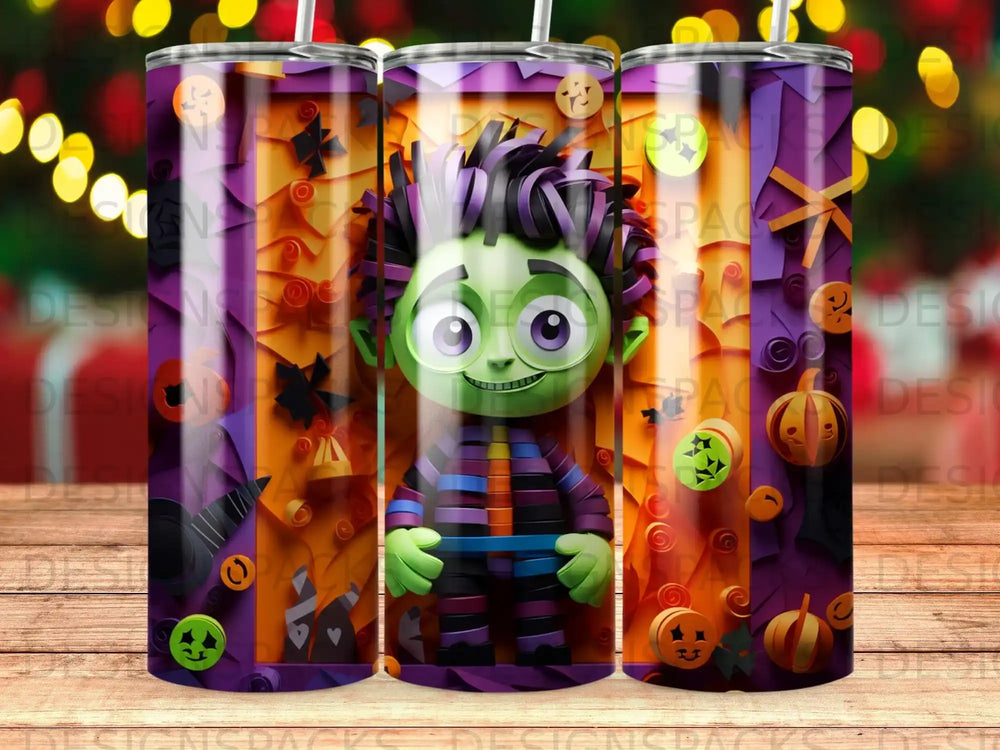 Cartoon monster with green skin and purple hair on a tumbler with Halloween theme.