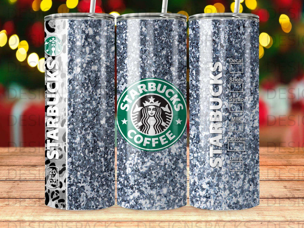 Starbucks tumbler with glitter texture and menu options printed on the side.