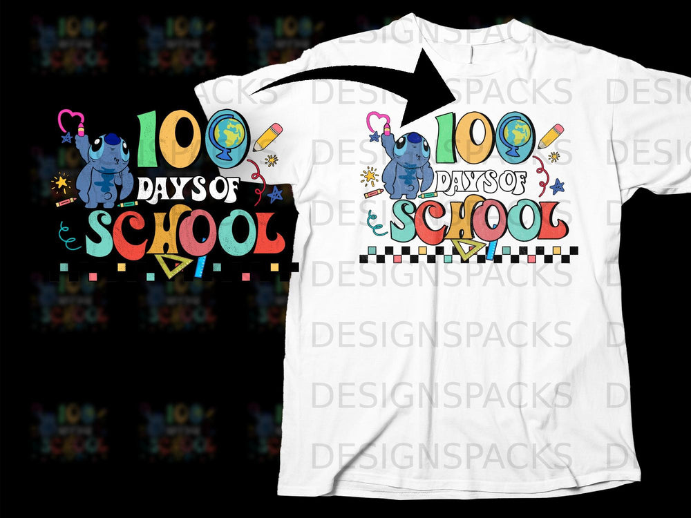 Stitch celebrates "100 Days of School" with colorful text and school supplies.